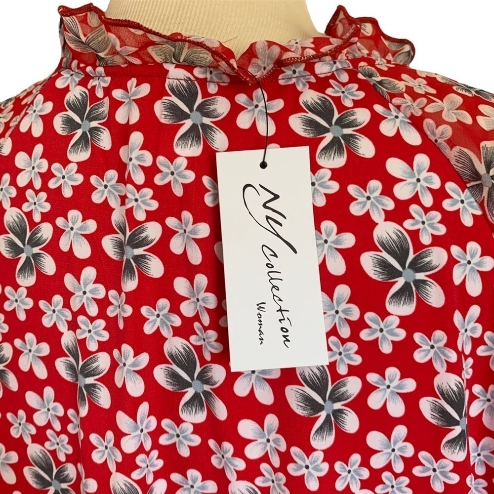 NY COLLECTION 1X Plus Size Floral Red relaxed fit women's Blouse top shirt - Picture 6 of 12